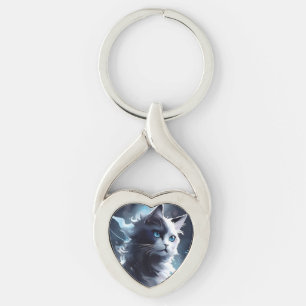 Mystical Black and White Kitten Vattenfärgskal Twisted Heart Silverfärgad Nyckelring