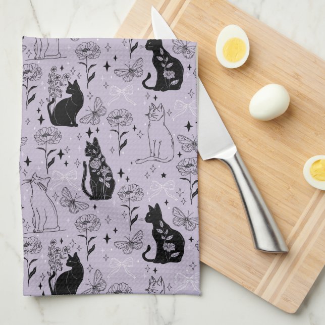 Mystical Black Cat and Butterfly Mönster | Witchy Kökshandduk (Vikt i Fjärdedel)