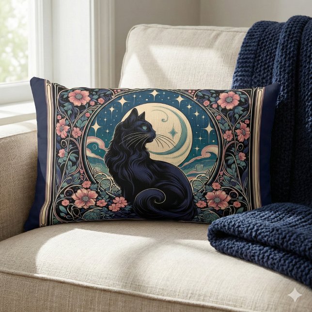 Mystical Black Cat Art nouveau Lumbarkudde (Mystical Black Cat Art Nouveau Lumbar Pillow Mockup 1)
