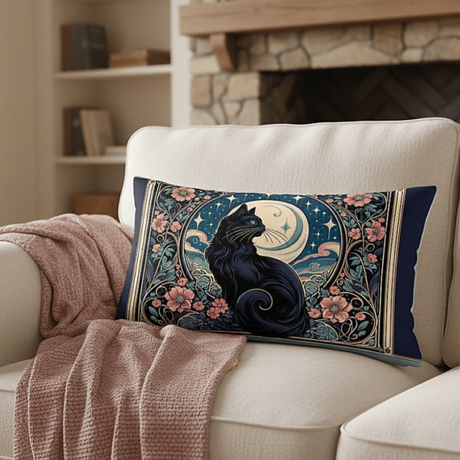 Mystical Black Cat Art nouveau Lumbarkudde (Mystical Black Cat Art Nouveau Lumbar Pillow)