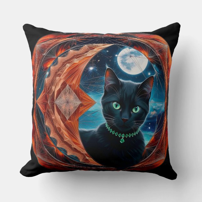 Mystical Black Cat Celestial Mandala Dekorativ kud Kudde (Framsida)