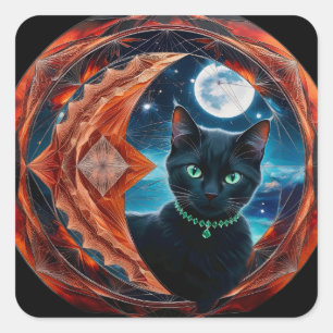 Mystical Black Cat Celestial Mandala Fyrkantigt Klistermärke