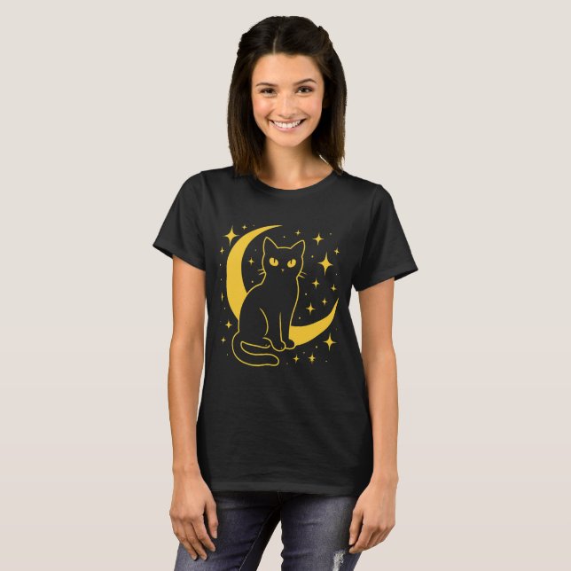 Mystical Black Cat - Celestial Natt T Shirt (Hel framsida)