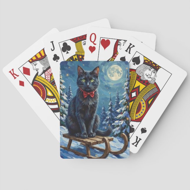 Mystical Black Cat Enchanted Winter Sled Christmas Casinokort (Baksidan)