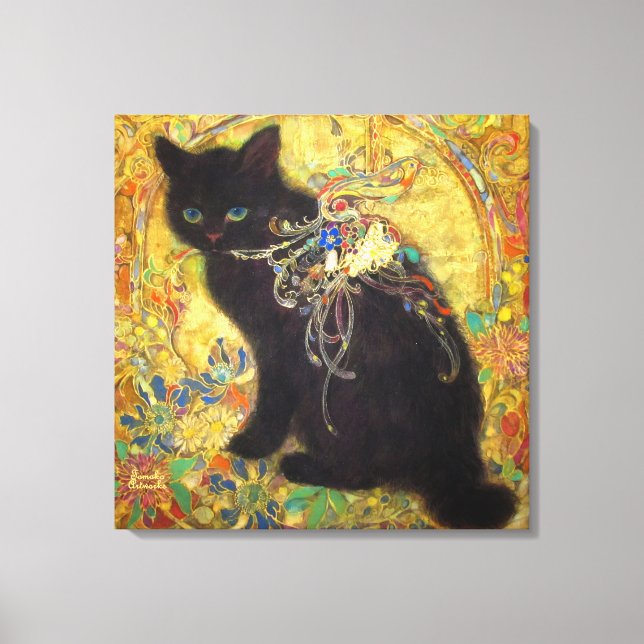 Mystical Black Cat in Golden Nihonga Canvastryck (Framsida)