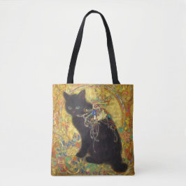 Mystical Black Cat in Golden Nihonga Tygkasse
