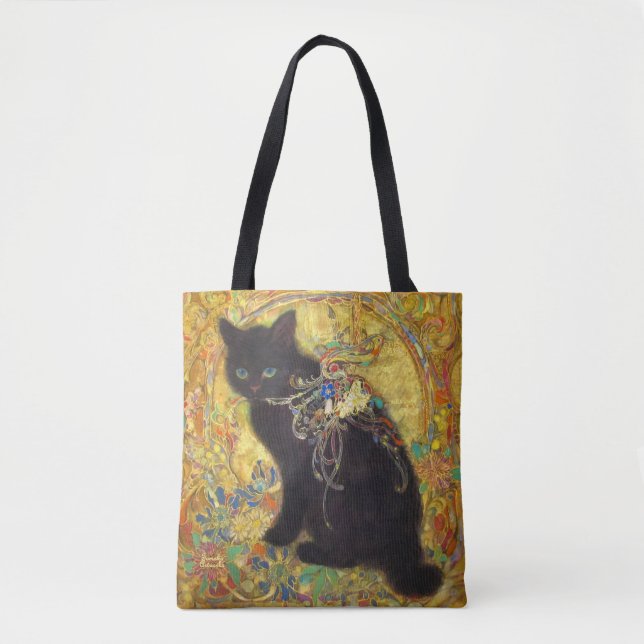 Mystical Black Cat in Golden Nihonga Tygkasse (Framsida)