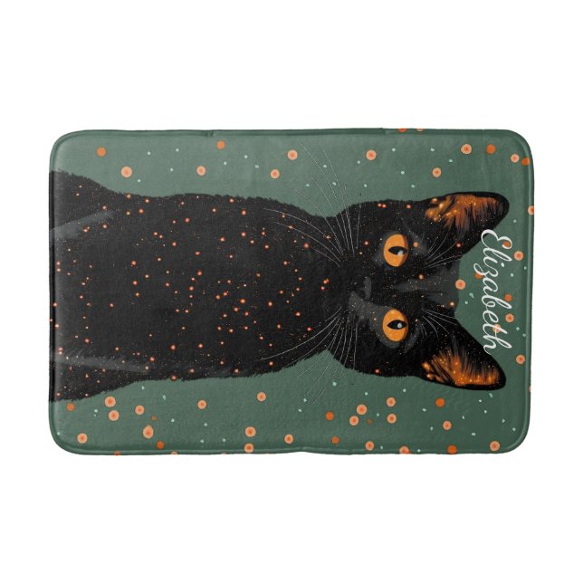 Mystical Black Cat med Orange Ögon och Glitter Badrumsmatta (Framsidan)
