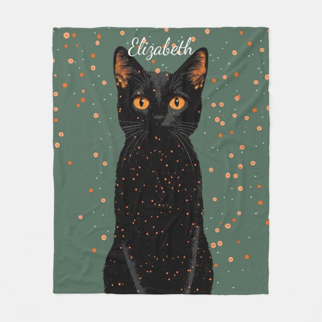 Mystical Black Cat med Orange Ögon och Glitter Fleecefilt (Framsidan)