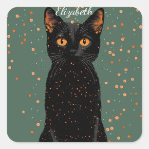 Mystical Black Cat med Orange Ögon och Glitter Fyrkantigt Klistermärke