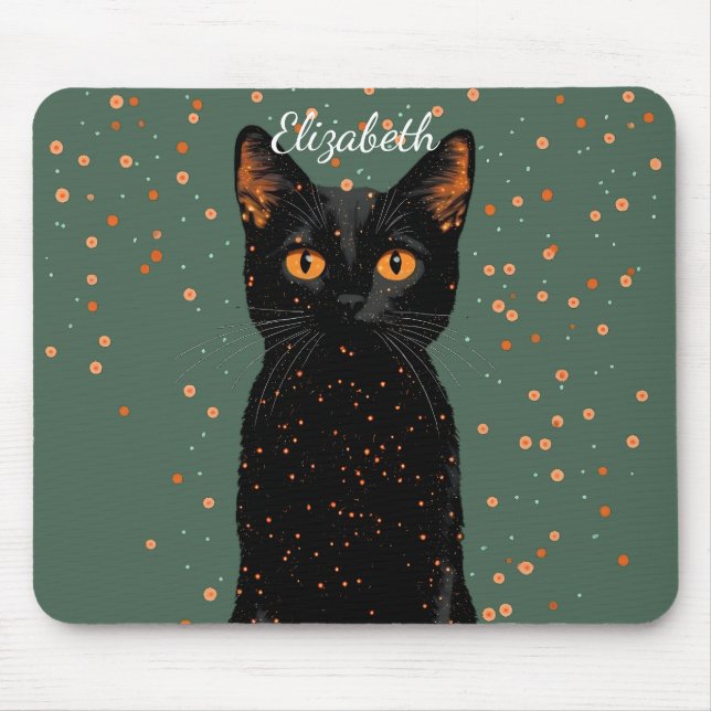 Mystical Black Cat med Orange Ögon och Glitter Musmatta (Framsidan)