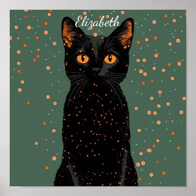 Mystical Black Cat med Orange Ögon och Glitter Poster (Framsidan)