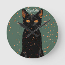 Mystical Black Cat med Orange Ögon och Glitter Rund Klocka