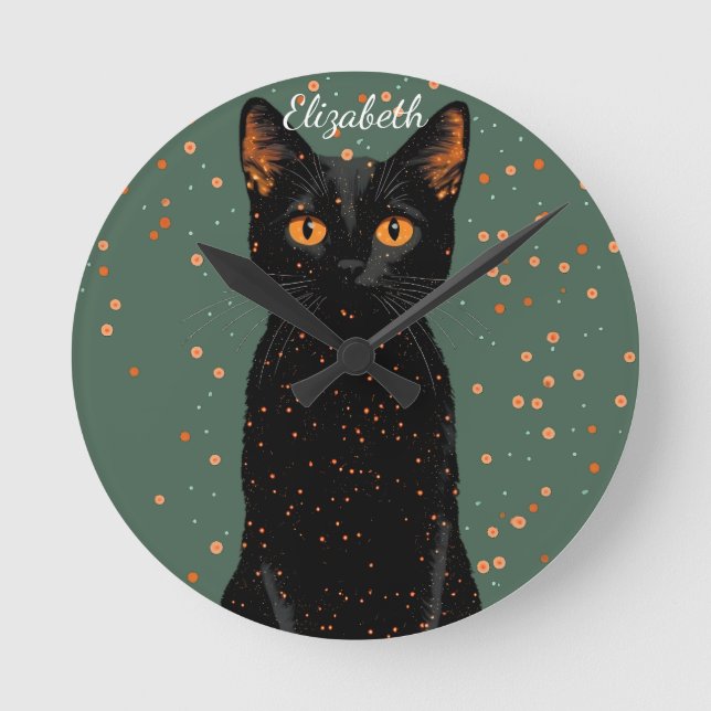 Mystical Black Cat med Orange Ögon och Glitter Rund Klocka (Framsida)