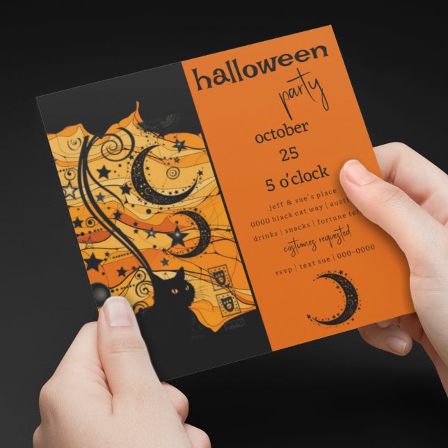 Mystical Black Cat och Celestial Symbols Halloween Inbjudningar (Mystical black hat and celestial symbols on customizable Halloween Party Invitations )