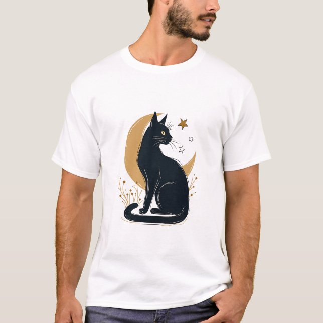 Mystical Black Cat och Crescent Måne T Shirt (Framsida)
