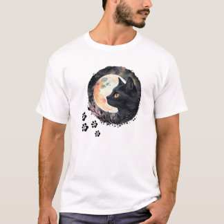 Mystical Black Cat och Full Moon Watercolor Art T Shirt
