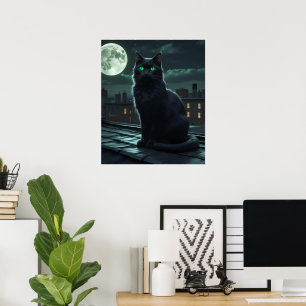 Mystical Black Cat under full måne Poster