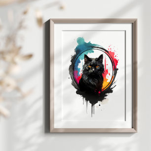 Mystical Black Cat Watercolor Stänk Art Poster