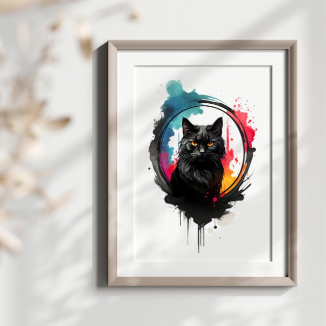Mystical Black Cat Watercolor Stänk Art Poster (Skapare uppladdad)