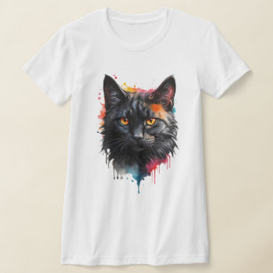 Mystical Black Cat Watercolor Stänk Art T Shirt