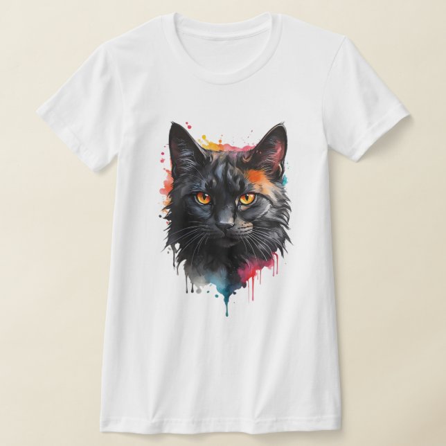 Mystical Black Cat Watercolor Stänk Art T Shirt (Laydown)