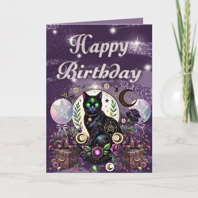Mystical Black Cat Witchy Birthday Celestial Tema Kort (Framsida)