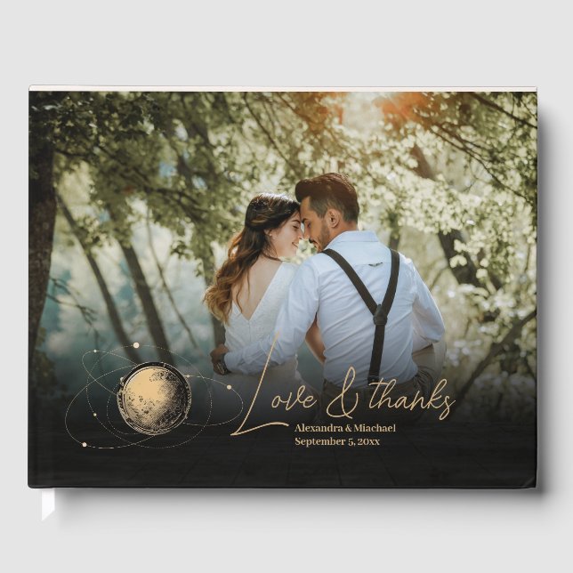 Mystical Black Guld Celestial Galaxy Bröllop Gästböcker (Framsida)