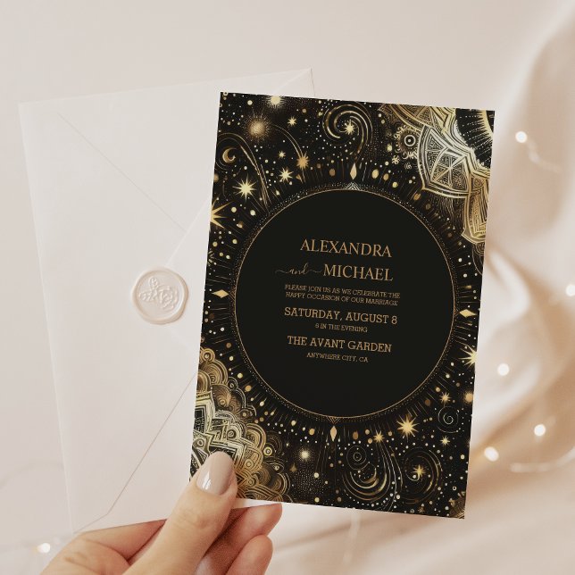 Mystical Black Guld Celestial Galaxy Bröllop Inbjudningar (Skapare uppladdad)