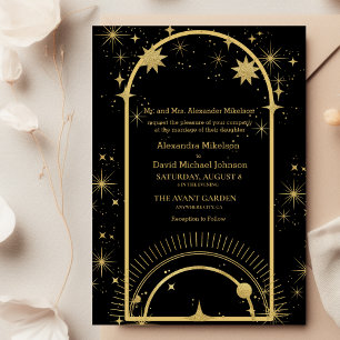 Mystical Black Guld Celestial Stars Bröllop Inbjudningar