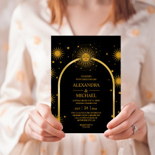 Mystical Black Guld Celestial Stars Bröllop Inbjudningar