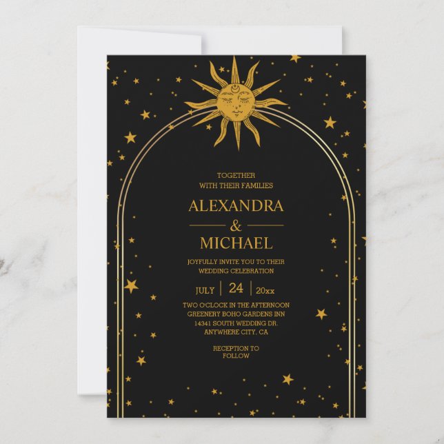 Mystical Black Guld Celestial Stars Bröllop Inbjudningar (Framsida)