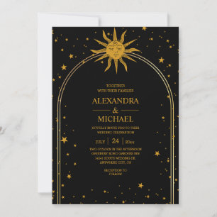 Mystical Black Guld Celestial Stars Bröllop Inbjudningar