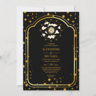 Mystical Black Guld Celestial Stars Bröllop Inbjudningar