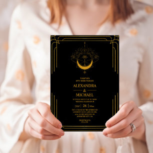 Mystical Black Guld Celestial Stars Bröllop Invit Inbjudningar