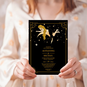 Mystical Black Guld Celestial Stars Bröllop Invit Inbjudningar