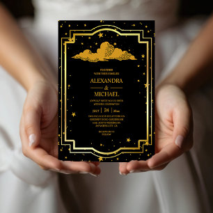 Mystical Black Guld Celestial Stars Bröllop Invit Inbjudningar