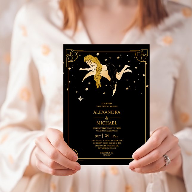 Mystical Black Guld Celestial Stars Bröllop Invit Inbjudningar (Skapare uppladdad)