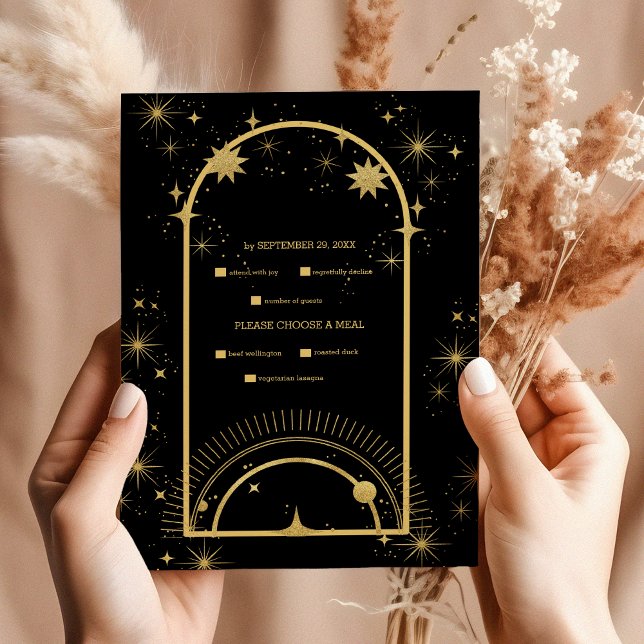 Mystical Black Guld Celestial Stars Bröllop OSA Kort (Skapare uppladdad)