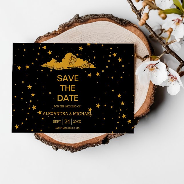 Mystical Black Guld Celestial Stars Bröllop Spara Datumet (Skapare uppladdad)