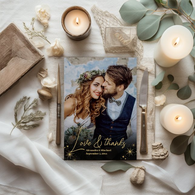 Mystical Black Guld Celestial Stars Bröllop Tack Kort (Skapare uppladdad)