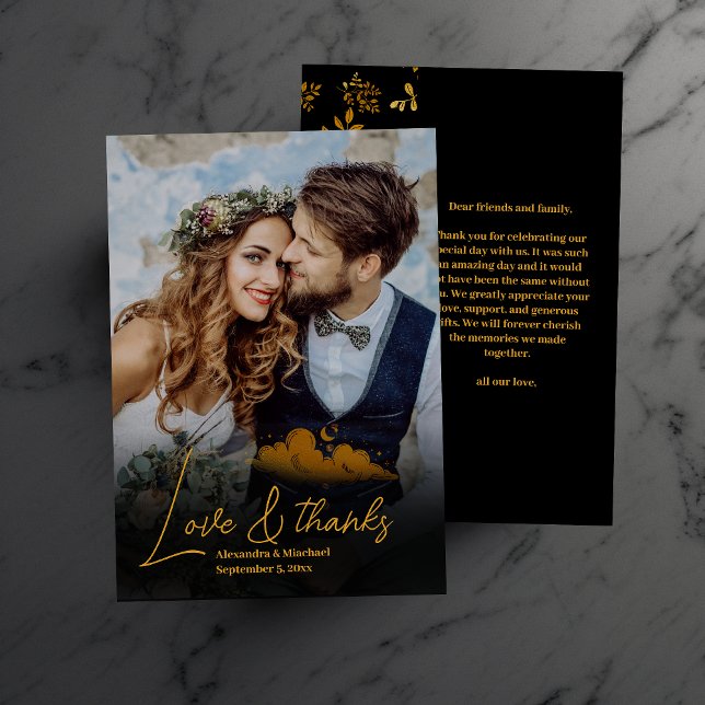 Mystical Black Guld Celestial Stars Bröllop Tack Kort (Skapare uppladdad)