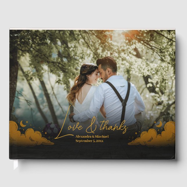 Mystical Black Guld Clouds Måne Bröllop Gästböcker (Framsida)