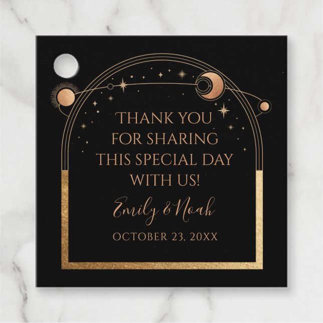Mystical Black Guld Sol Måne-astronomi Bröllop Gåvor Etiketter (Framsida)
