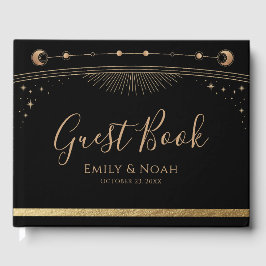 Mystical Black Guld Sol Måne Stars Bröllop Gästböcker