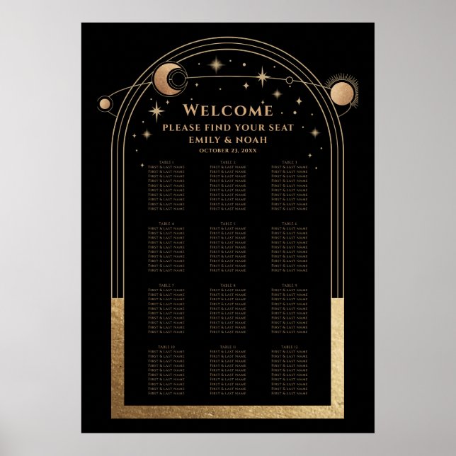 Mystical Black Guld Sol Måne Stars Bröllop Poster (Framsidan)