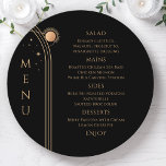 Mystical Black Guld Sol Måne Stars Space Bröllop Meny<br><div class="desc">Menykort för Mystical Black Guld Sol Stars Space Bröllop har enkla guld-stjärnor på svart bakgrund med menydetaljer i mitten i det moderna kalligrafiskriptet för guld. Anpassa genom att redigera texten i textrutorna. Designad för dig av Evco Studio © på www.zazzle.com/store/evcostudio</div>