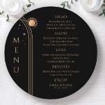 Mystical Black Guld Sol Måne Stars Space Bröllop Meny<br><div class="desc">Menykort för Mystical Black Guld Sol Stars Space Bröllop har enkla guld-stjärnor på svart bakgrund med menydetaljer i mitten i det moderna kalligrafiskriptet för guld. Anpassa genom att redigera texten i textrutorna. Designad för dig av Evco Studio © på www.zazzle.com/store/evcostudio</div>