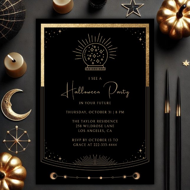 Mystical Black Guld Tarot Halloween-inbjudan Inbjudningar (Mystical Black & Gold Tarot Card Halloween Party Invitation Template)