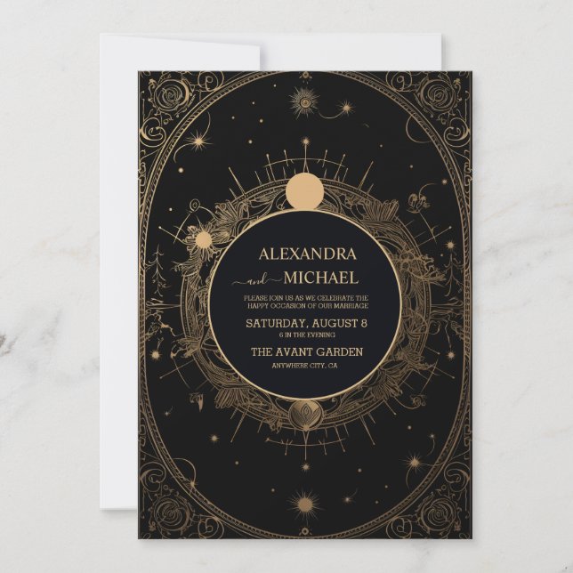 Mystical Black och Guld Tarot Bröllop Inbjudningar (Framsida)